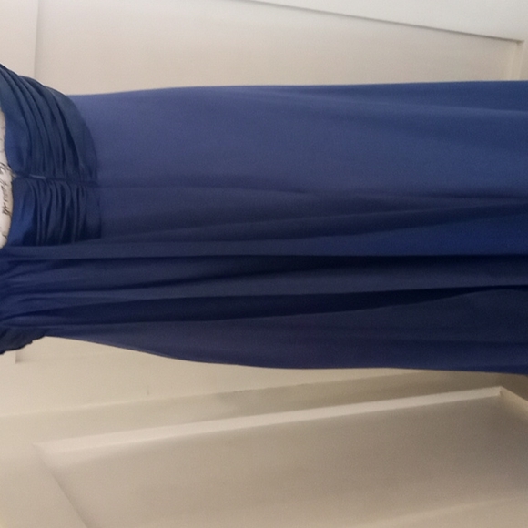 Formal David's Bridal Navy One Shoulder Long Jersey Dress With Cascade Back Sz 8 - Picture 7 of 11